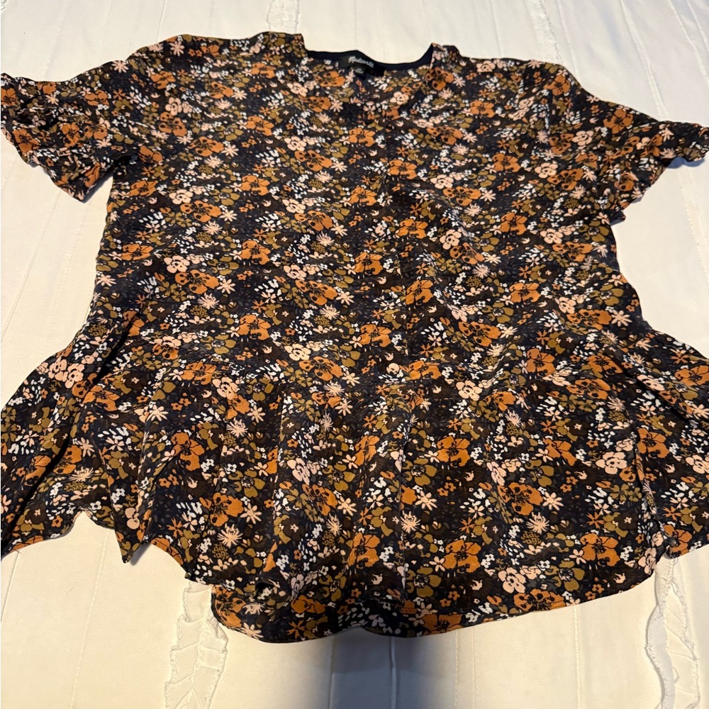 Madewell Black Floral Peplum Top with Rust and Cream Blooms